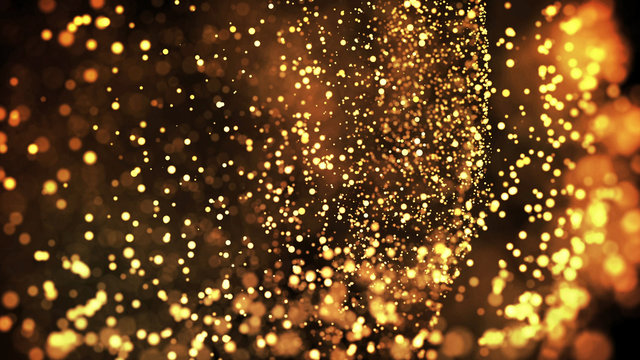 gold particles glisten in the air, gold sparkles in a viscous fluid have the effect of advection with depth of field and bokeh. 3d render. cloud of particles. 40