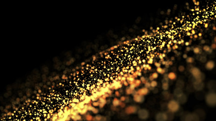 gold particles glisten in the air, gold sparkles in a viscous fluid have the effect of advection with depth of field and bokeh. 3d render. cloud of particles. 77