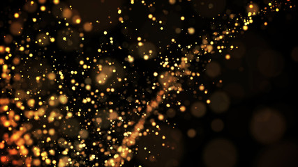 gold particles glisten in the air, gold sparkles in a viscous fluid have the effect of advection with depth of field and bokeh. 3d render. cloud of particles. 100