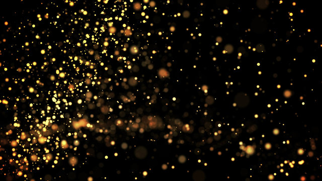 gold particles glisten in the air, gold sparkles in a viscous fluid have the effect of advection with depth of field and bokeh. 3d render. cloud of particles. 109