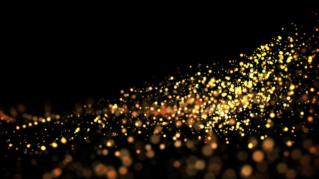 gold particles glisten in the air, gold sparkles in a viscous fluid have the effect of advection with depth of field and bokeh. 3d render. cloud of particles. 110
