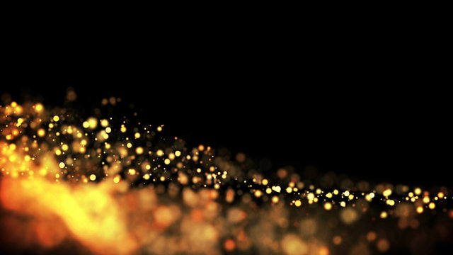 gold particles glisten in the air, gold sparkles in a viscous fluid have the effect of advection with depth of field and bokeh. 3d render. cloud of particles. 127
