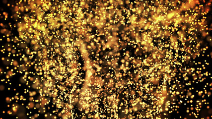 gold particles glisten in the air, gold sparkles in a viscous fluid have the effect of advection with depth of field and bokeh. 3d render. cloud of particles. 166
