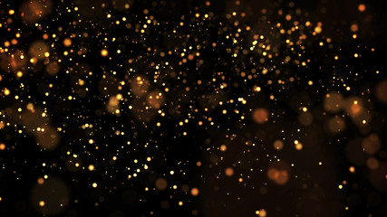 gold particles glisten in the air, gold sparkles in a viscous fluid have the effect of advection with depth of field and bokeh. 3d render. cloud of particles. 175