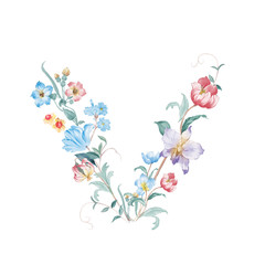 Fototapeta na wymiar Flower-letter,Beautiful watercolor flowers for your design