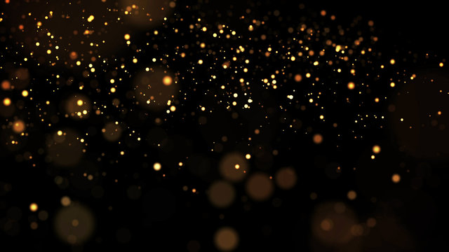 gold particles glisten in the air, gold sparkles in a viscous fluid have the effect of advection with depth of field and bokeh. 3d render. cloud of particles. 174