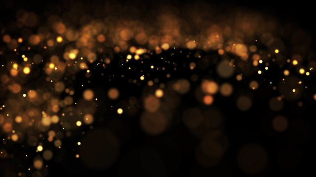 gold particles glisten in the air, gold sparkles in a viscous fluid have the effect of advection with depth of field and bokeh. 3d render. cloud of particles. 176