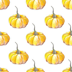 Seamless pattern with autumn pumpkins. Watercolor illustration on white background.
