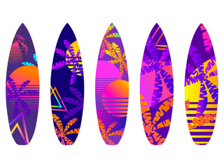 Surfboards on a white background. Types of surfboards with a pattern. Vector illustration