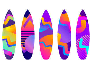 Surfboards on a white background. Types of surfboards with a pattern. Vector illustration