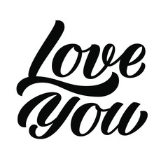 Love you brush hand lettering, isolated on white background. Vector typographical illustration. Can be used for Valentine's day design.