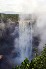A view of the Kaieteur falls, Guyana. The waterfall is one of the most beautiful and majestic waterfalls in the world, the water of the Potaro river falls from a height of 221 meters. World tourism an