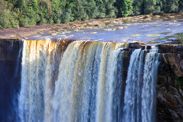 A view of the Kaieteur falls, Guyana. The waterfall is one of the most beautiful and majestic waterfalls in the world, the water of the Potaro river falls from a height of 221 meters. World tourism an