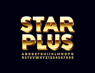 Fototapeta na wymiar Vector Golden emblem Star Plus. Uppercase sparkling Font. Elite 3D Alphabet Letters and Numbers