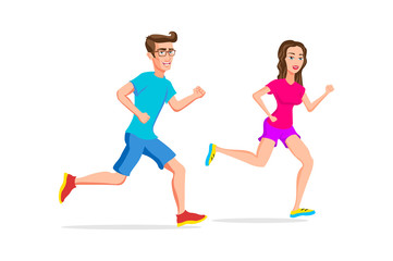 Fototapeta na wymiar woman and man sport running or jogging couple vector isolated character outdoor activities young active pastime nurturing spirit and willpower. friends run. Vector illustration of a flat design