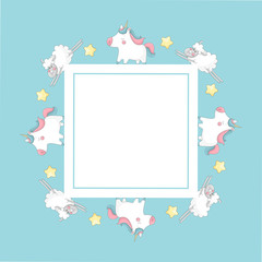 Frame template with cartoon sheep and unicorns.