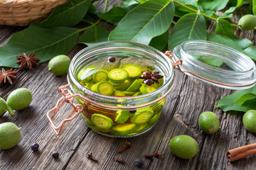 Preparation of nut liqueur from unripe walnuts