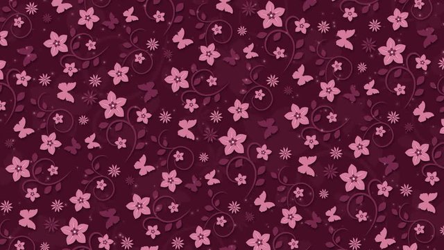 Dark pink background with flowers and butterflies