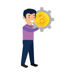 businessman lifting bitcoin icon vector illustrator