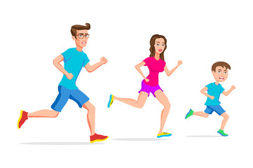 Fototapeta na wymiar family sport running or jogging father mother and son vector isolated character outdoor activities young active pastime nurturing spirit and willpower. Vector illustration of a flat design