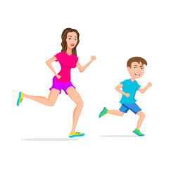 Fototapeta na wymiar sport running or jogging mom and son vector isolated character outdoor activities young active pastime nurturing spirit and willpower. Vector illustration of a flat design