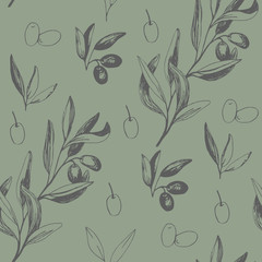 Olives seamless pattern with olive branches and fruits for Italian cuisine design or extra virgin oil food or cosmetic product packaging wrapper. Hand drawn Illustration in vector.