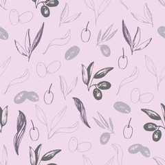 Olives seamless pattern with olive branches and fruits for Italian cuisine design or extra virgin oil food or cosmetic product packaging wrapper. Hand drawn Illustration in vector.