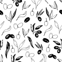 Olives seamless pattern with olive branches and fruits for Italian cuisine design or extra virgin oil food or cosmetic product packaging wrapper. Hand drawn Illustration in vector.