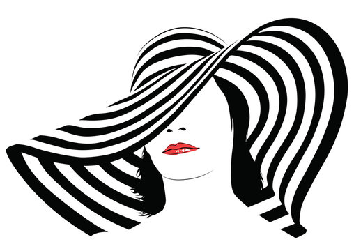 Girl with dark hair in big striped hat - vector