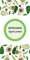 Creative layout made of watercolor avocado. Hand drawn tropical illustration. Flatlay design. Food concept for ecological product and advertising.