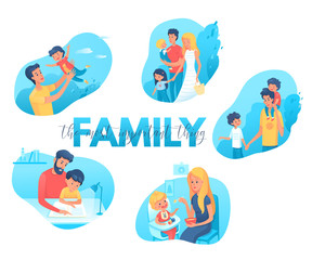 Family time flat illustrations set