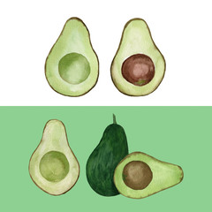 Creative layout made of watercolor avocado. Hand drawn tropical illustration. Flatlay design. Food concept for ecological product and advertising.