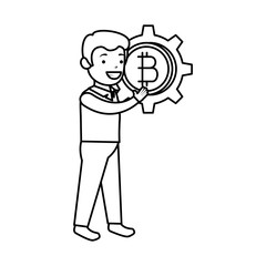businessman lifting bitcoin icon vector illustrator