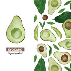 Creative layout made of watercolor avocado. Hand drawn tropical illustration. Flatlay design. Food concept for ecological product and advertising.