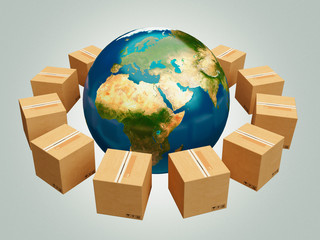 Earth and cardboard boxes, 3d rendering