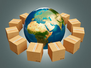 Earth and cardboard boxes, 3d rendering