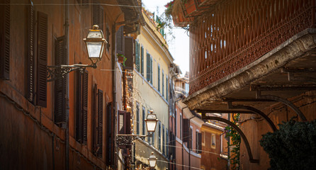 glimpse of an alley of Trastevere in Rome with ancient buildings