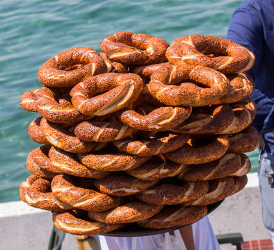 Turkish simits (bagels) on stand in the view