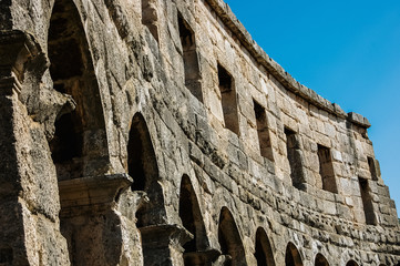 Pula, Croatia - June 10, 2019: Roman amphitheater in Pula, the best preserved ancient monument in Croatia, visited by hundreds of tourists.