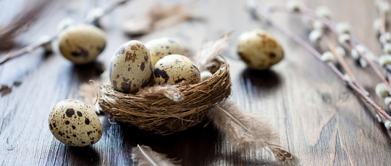 quail eggs, feathers, willow branches on a wooden table. Vintage effect