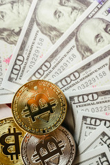 Gold and silver bitcoins on hundred-dollar American bills.