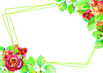 Flowers of dark roses, green leaves, composition. Horizontal frame orientation . The concept of the wedding flowers. Watercolor compositions for the design of greeting cards or invitations.