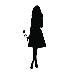 Romantic black silhouette of beautiful girl with rose on white background