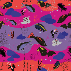 Fototapeta premium Seamless pattern with whales, seaweeds, corals and fish.