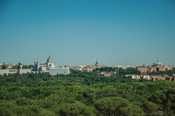 Fototapeta na wymiar Royal Palace and Almudena Cathedral with trees in Madrid