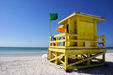  colorful lifeguard station on beautiful Siesta Key beach,  Sarasota, Florida United States, top ten best beaches in the USA with white sand    