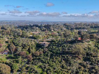 Aerial view of wealthy countryside area with luxury villas with swimming pool, surrounded by forest and mountain valley. Ranch Santa Fe. San Diego, California, USA.