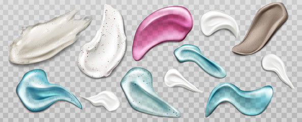 Cream, scrub or gel smears swatch set. Cosmetics beauty skin care product strokes isolated on transparent background, foundation, milk, lotion, drops texture Realistic 3d vector illustration, clip art