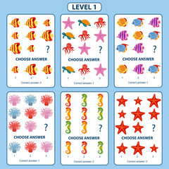 Fototapeta na wymiar IQ test. Set of logical tasks for children on the sea animals and fish theme