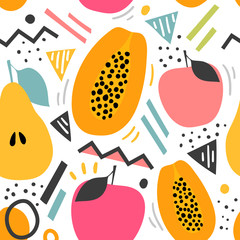 Modern seamless pattern with stylized fruits pears, papaya, apples for print,textile. Fashion papercut background.